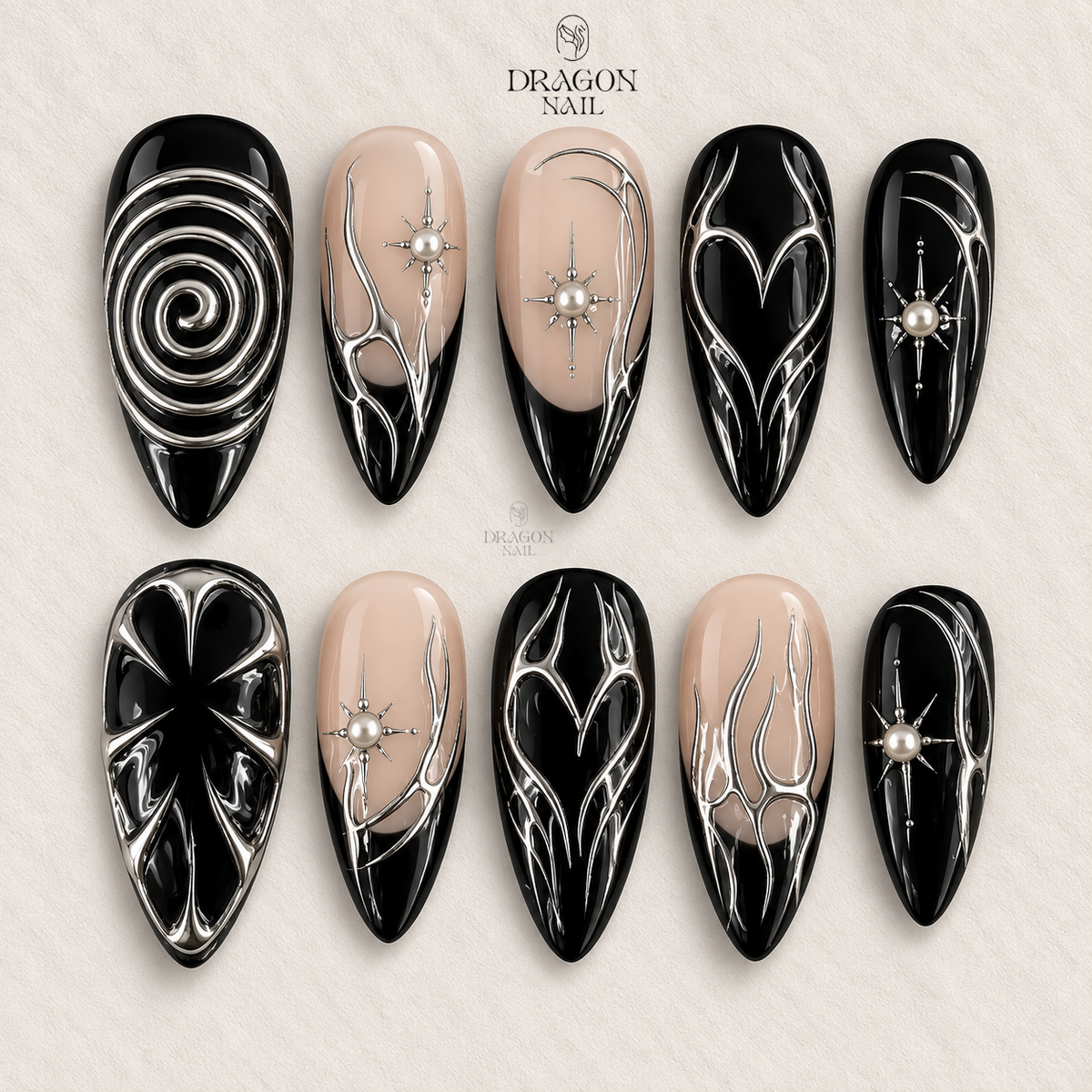 Black French Tip Chrome Metallic Almond Press On Nails