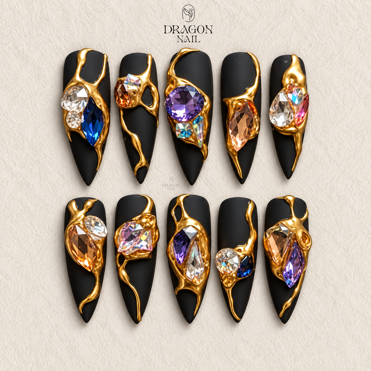 Black Gold Crystal Glam Press On Nails