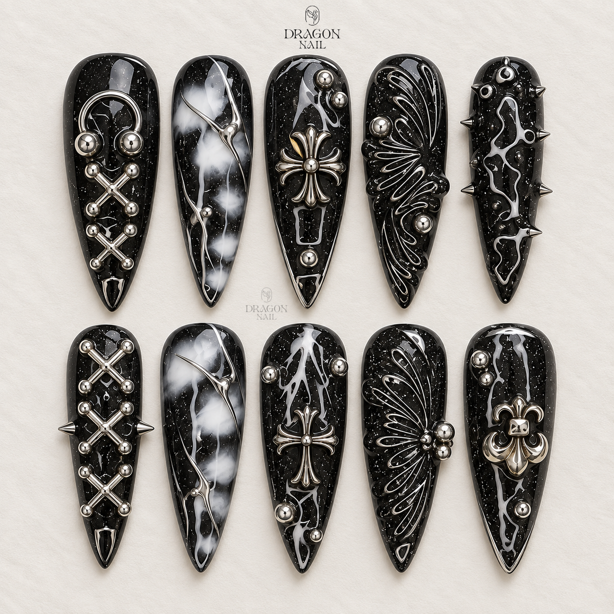 Black Gothic Long Almond Horror Glam Halloween Press On Nails