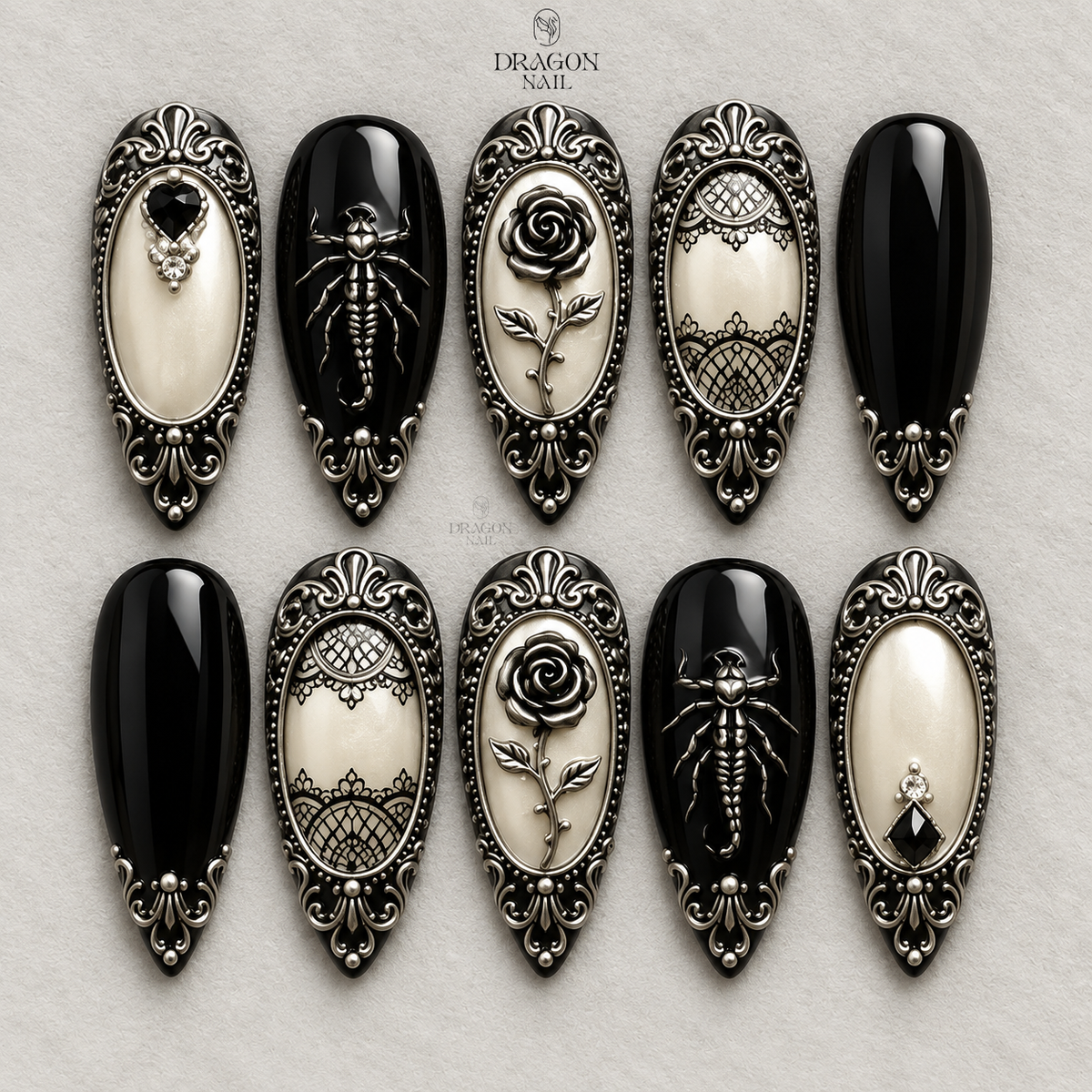 Black Gothic Rose Insect Ornate Frame Press On Nails