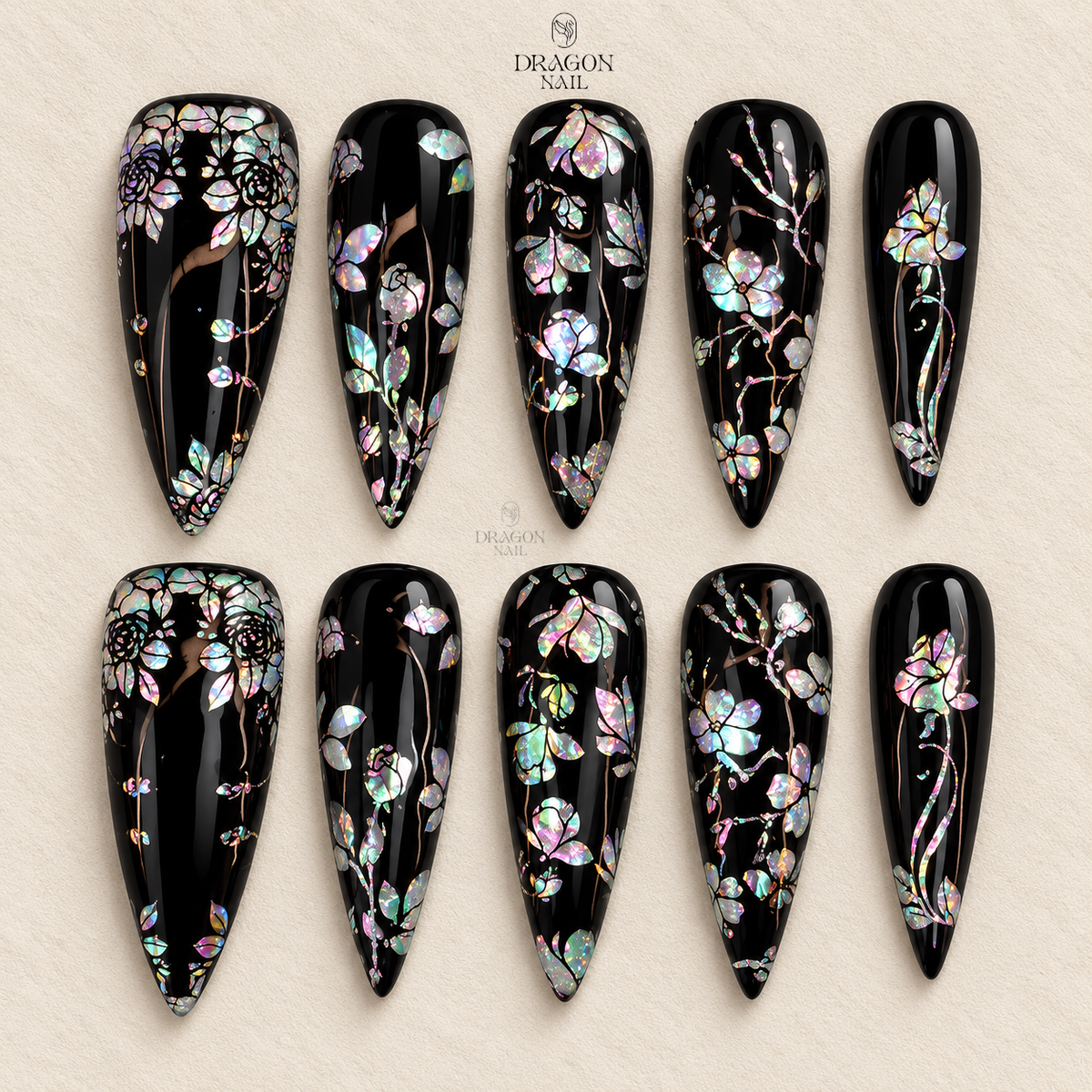 Black White Gothic 3D Rose Romantic Press On Nails