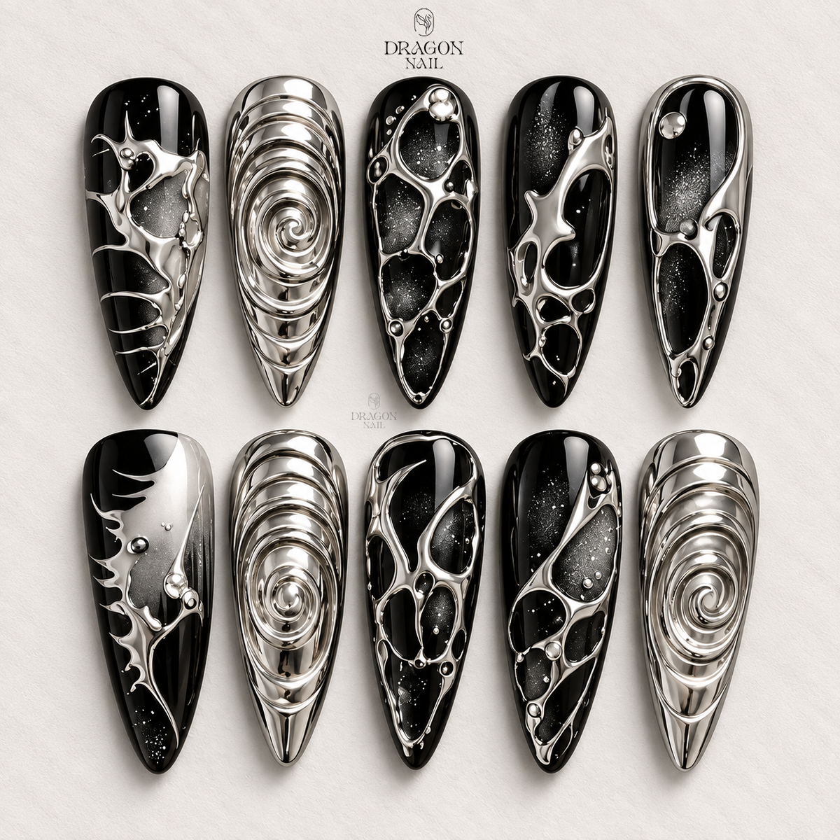 Black Silver Chrome Edgy Stiletto Press On Nails