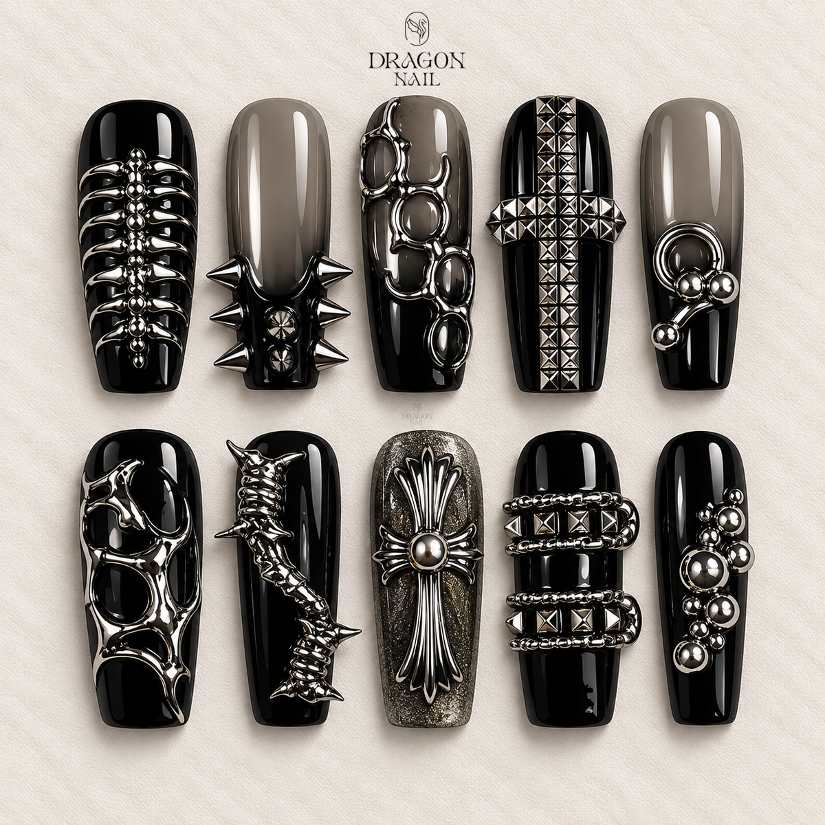 Black Chrome Chain Spike Gothic Punk Press On Nails