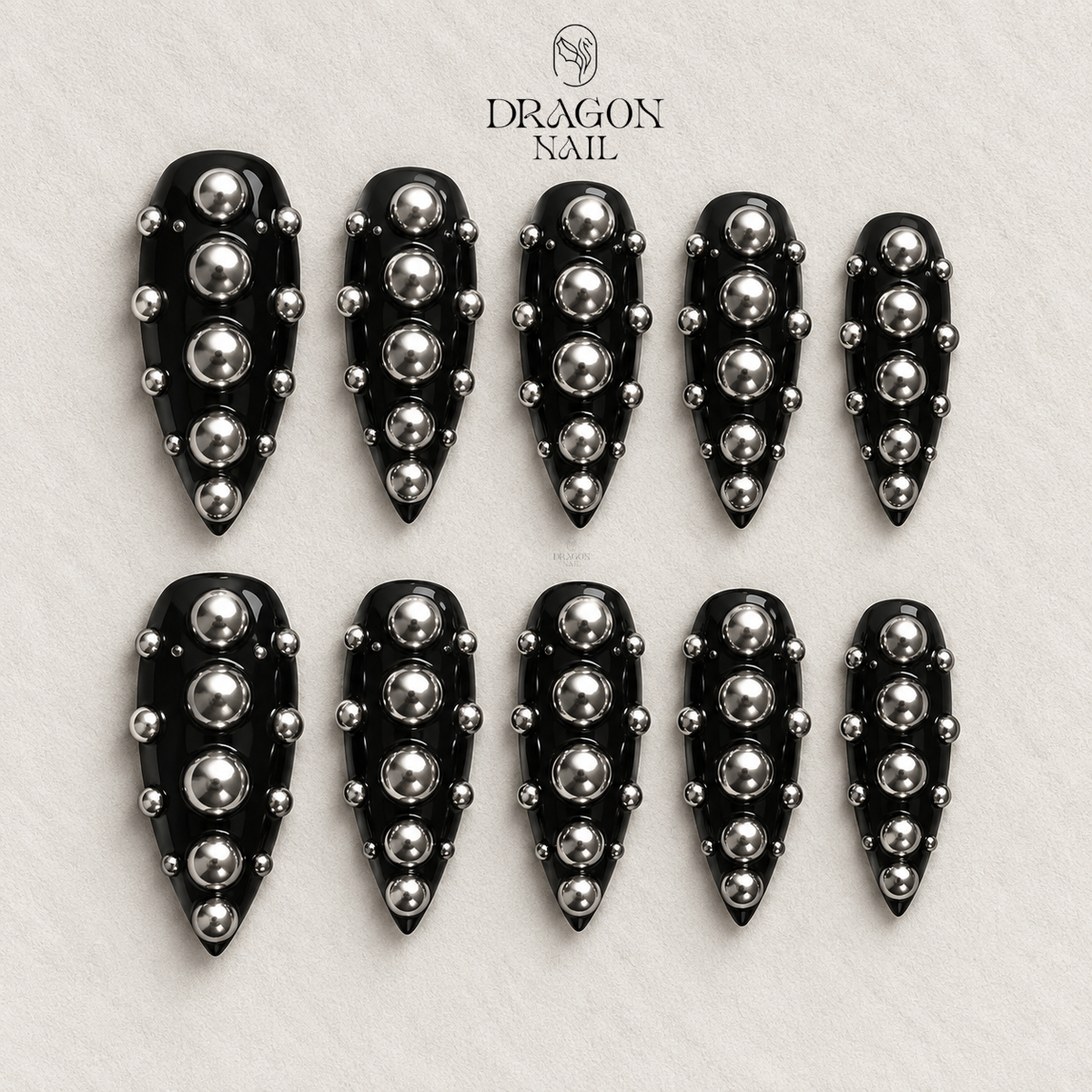 Black Chrome Spiked Stud Gothic Punk Stiletto Press On Nails