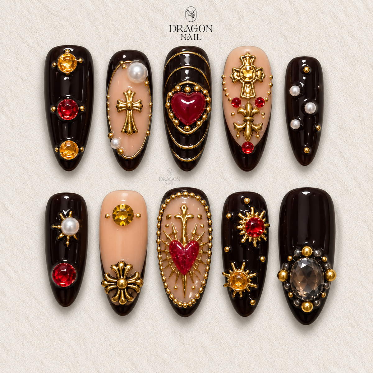 Black Gothic Heart Nails, Red Gem & Gold Cross Press-On Set, Limited Edition