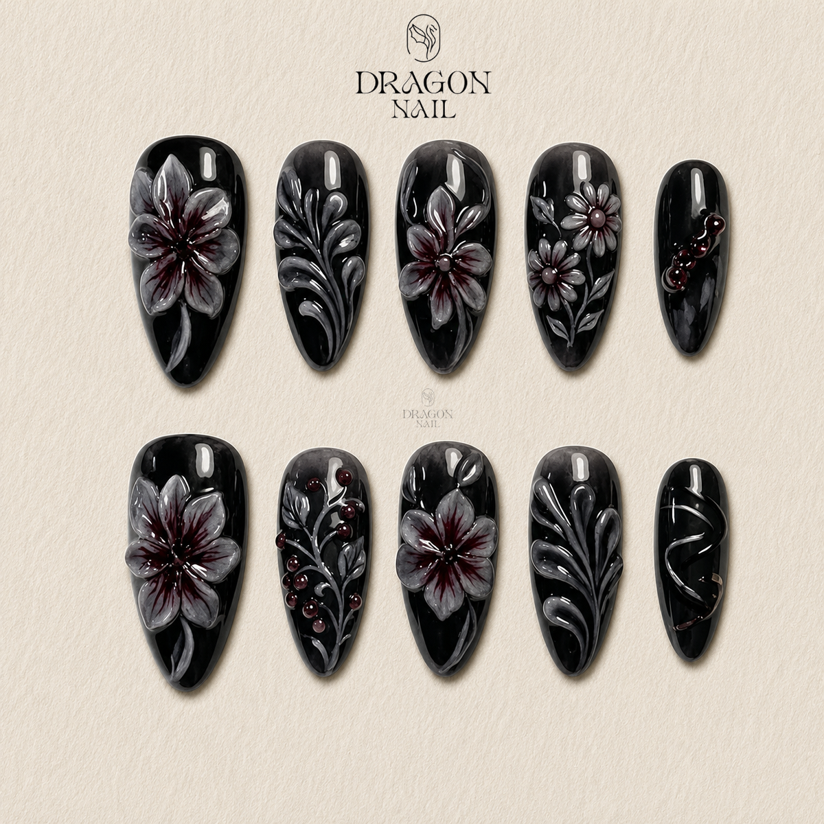 Black Grey Floral Press On Nails