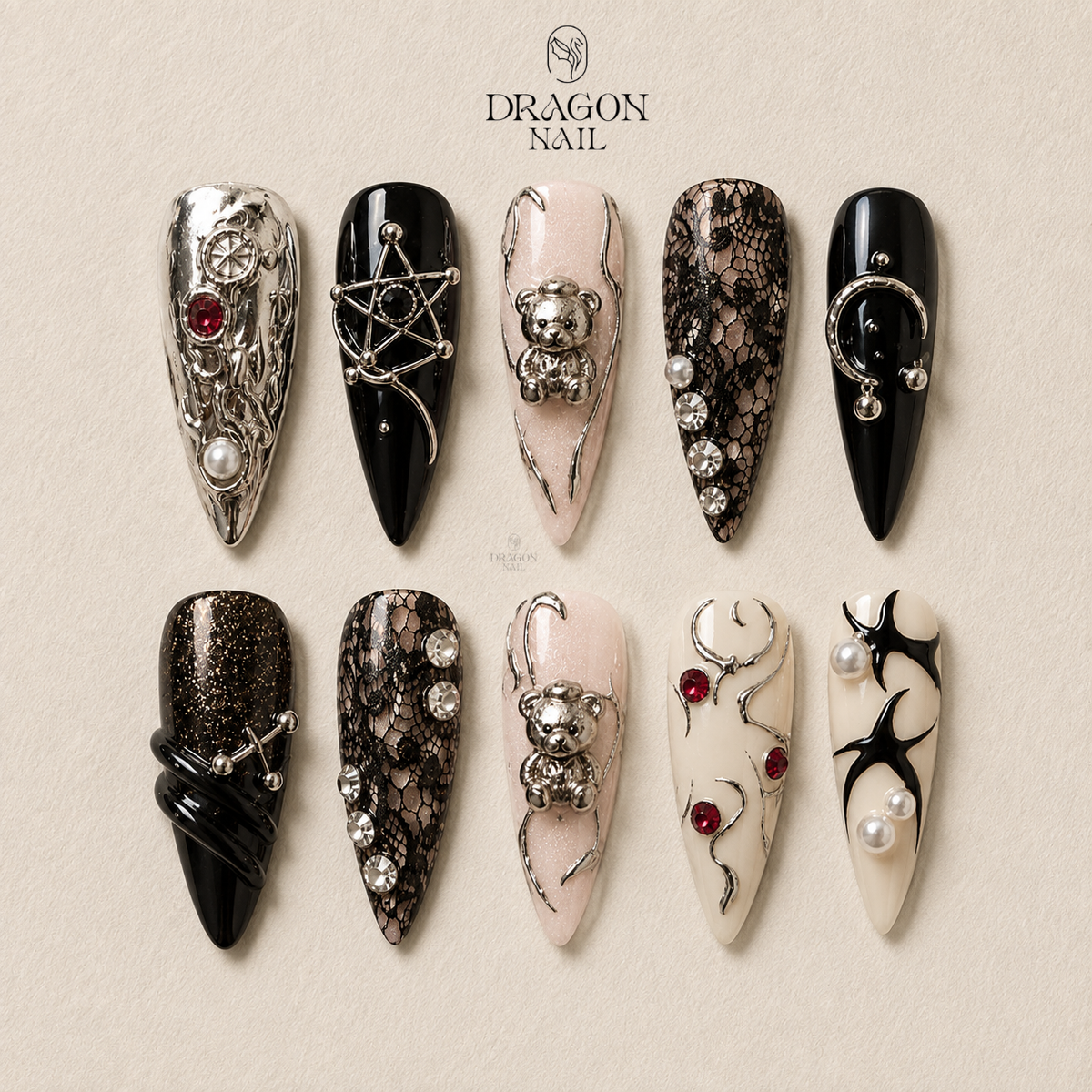 Black Lace Crystal Skull Elegant Halloween Press On Nails