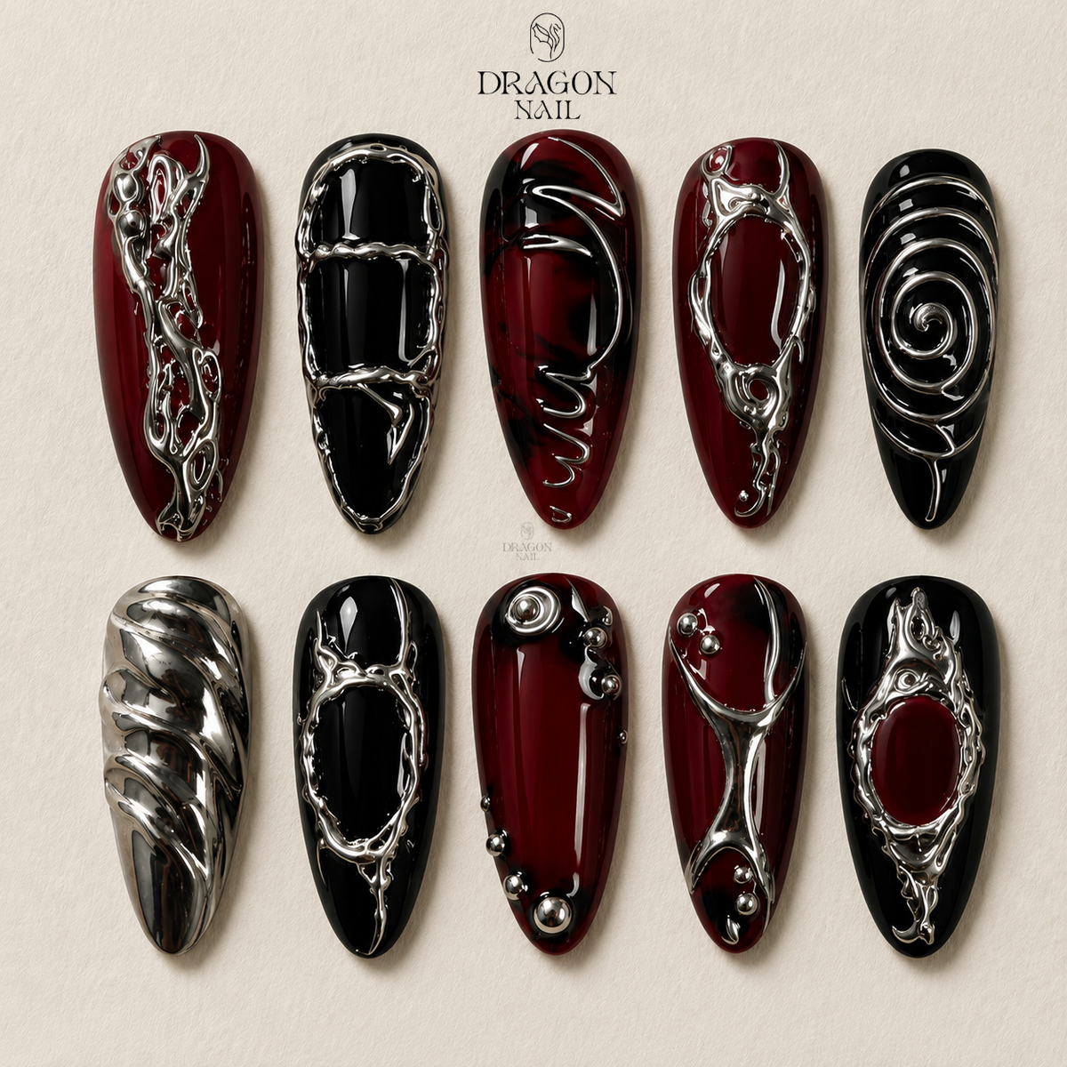 Black Red Chrome Press On Nails