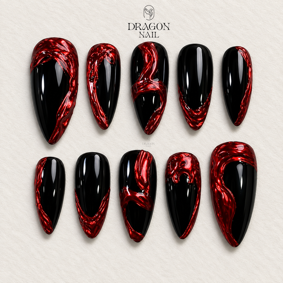 Black Red Chrome Press On Nails, Y2K Gothic Punk, Handmade Dark Aesthetic Design