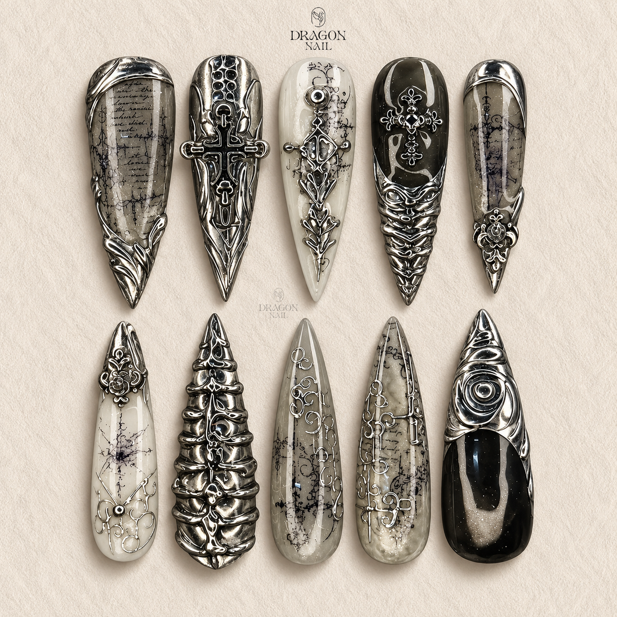 Black Silver Gothic Chrome Cross Statement Press On Nails