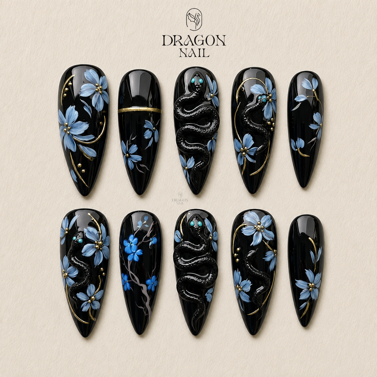 Black Snake Blue Blossom Press On Nails