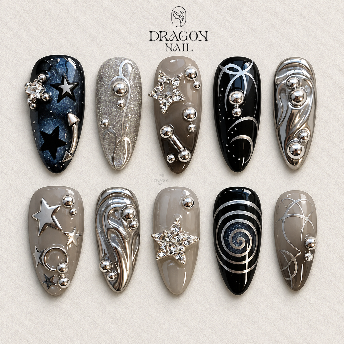 Black Star Silver Chrome Cat Eye Y2K Press On Nails