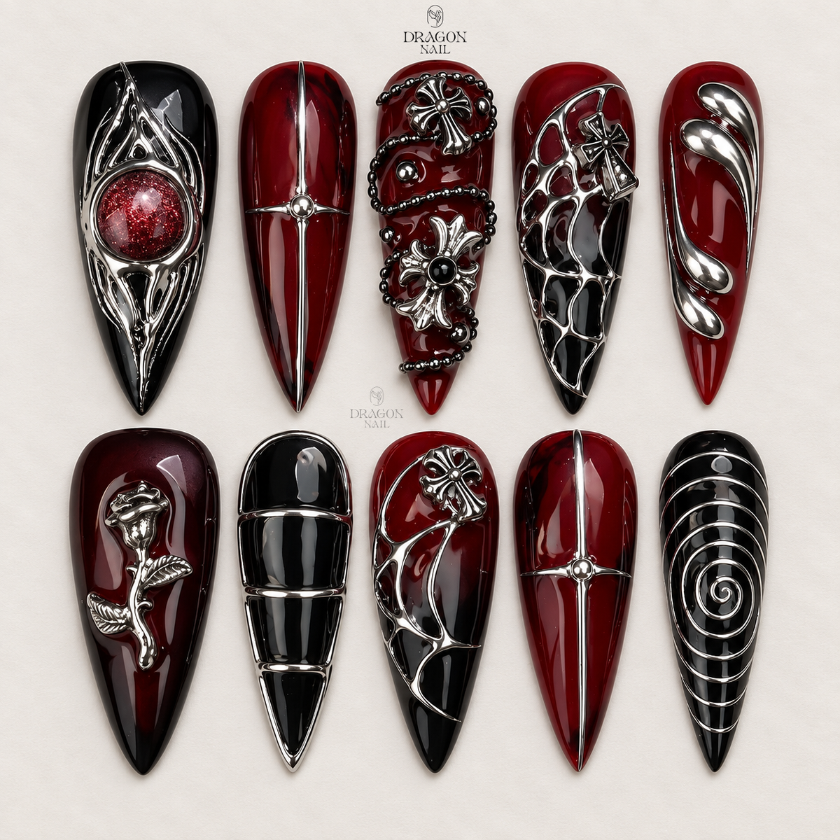 Blood Red Thorn Metallic Gem Gothic Stiletto Press On Nails