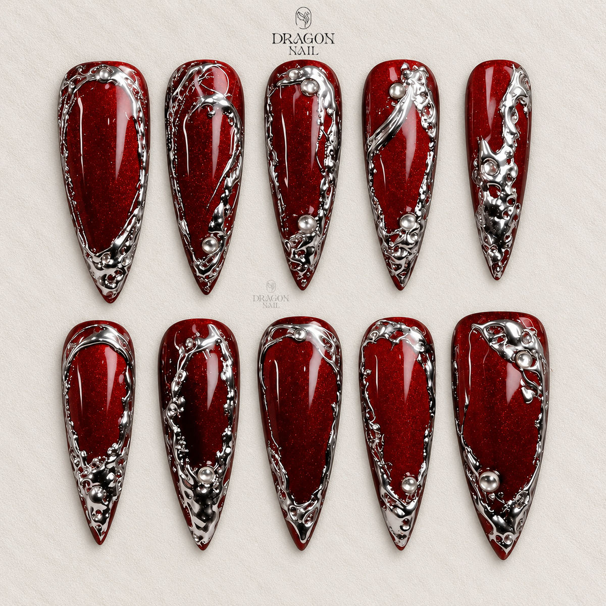 Blood Red Liquid Metal Gothic Y2K Stiletto Press On Nails