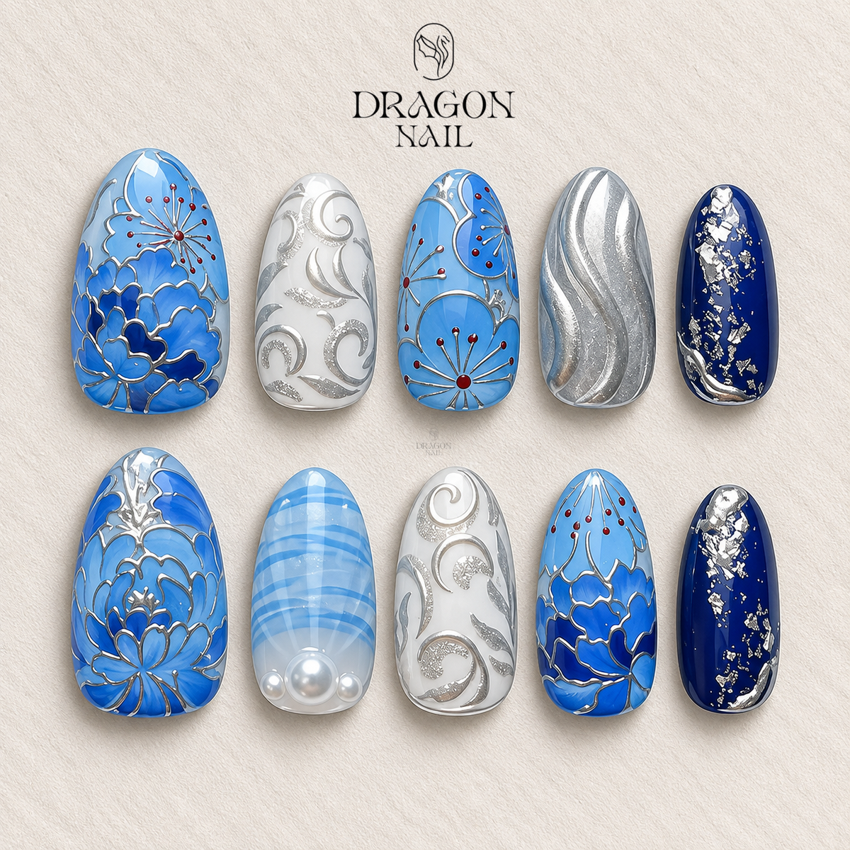 Blue Floral Elegant Press On Nails