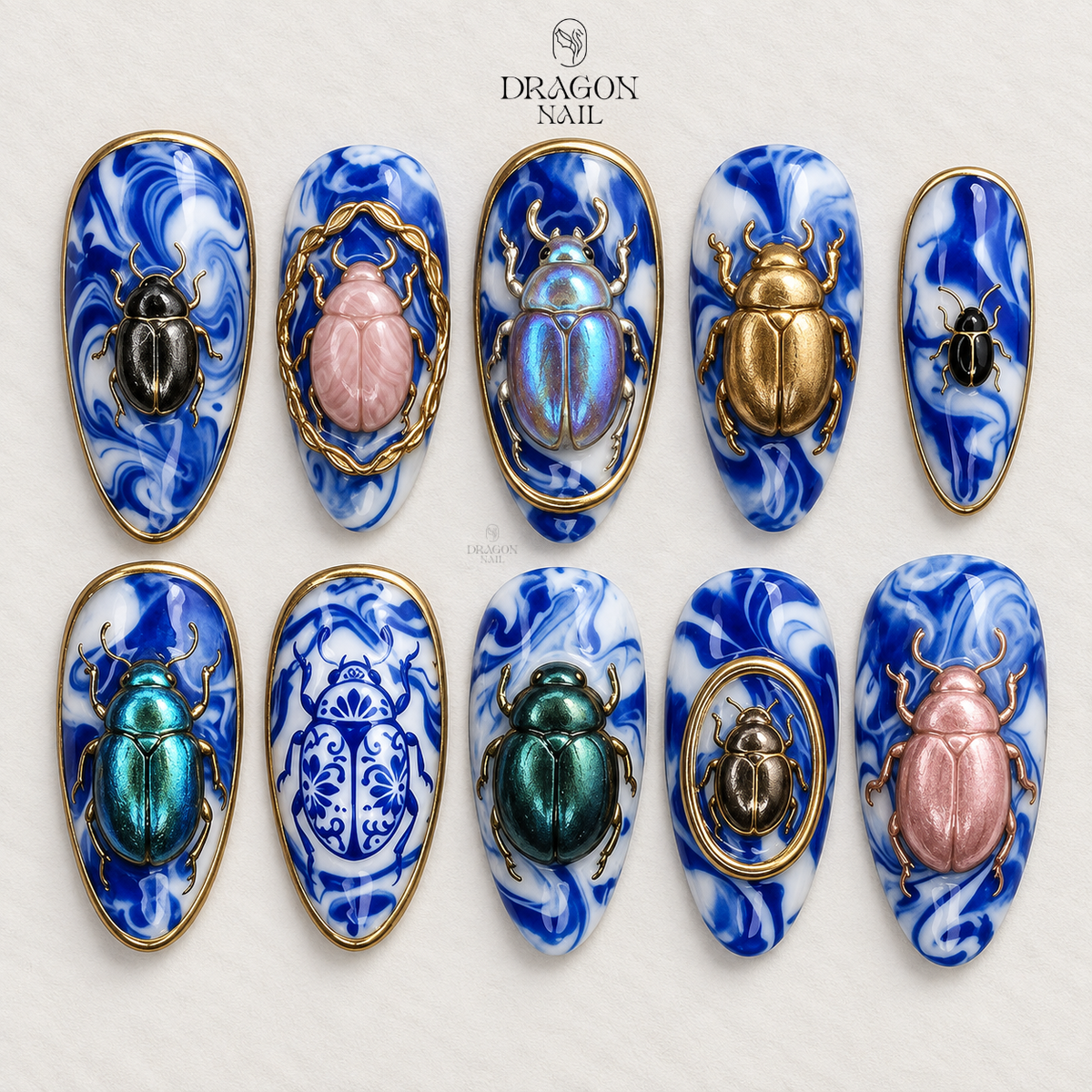 Blue Porcelain Iridescent Beetle 3D Art Press On Nails