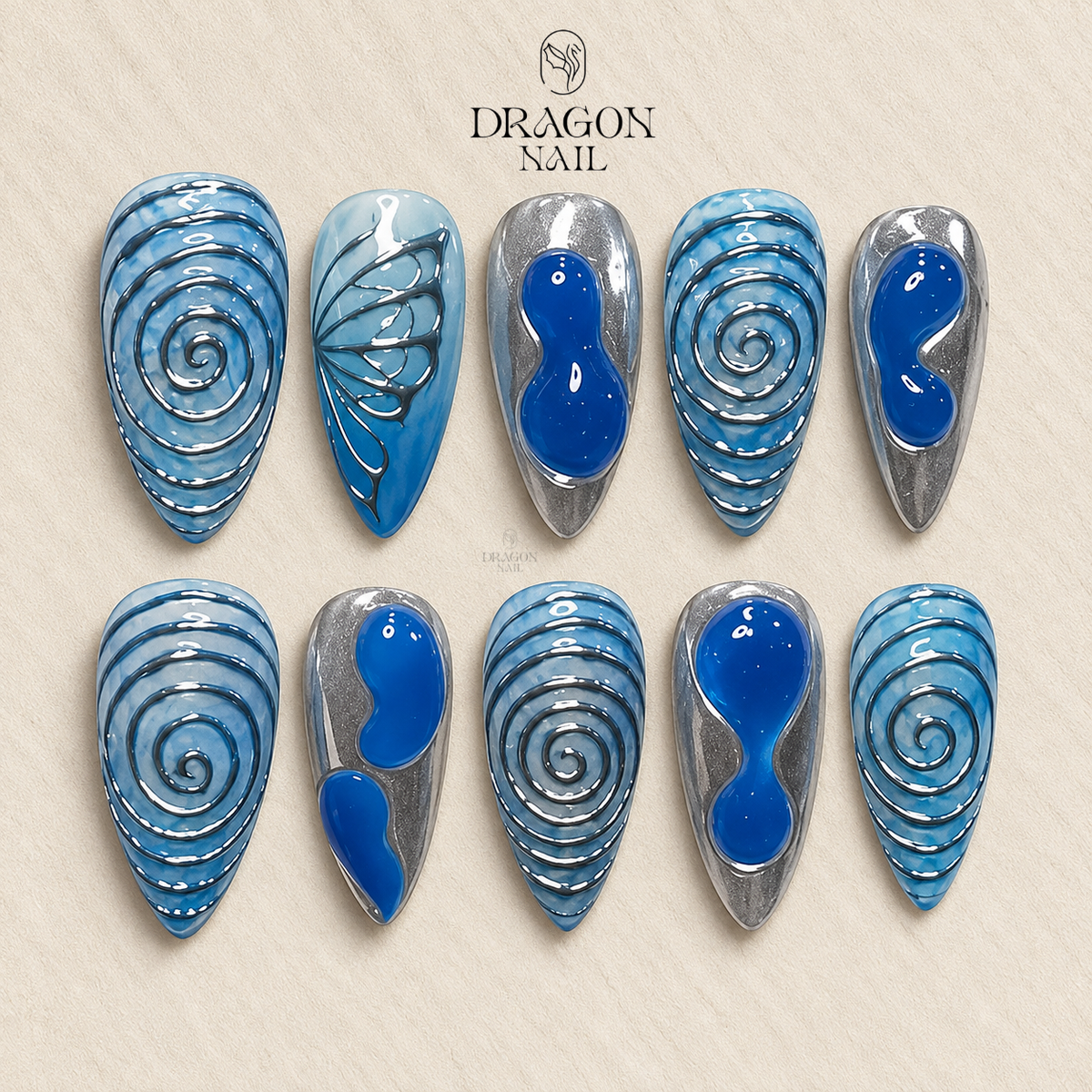 Blue Silver Chrome Sleek Acrylic Press On Nails