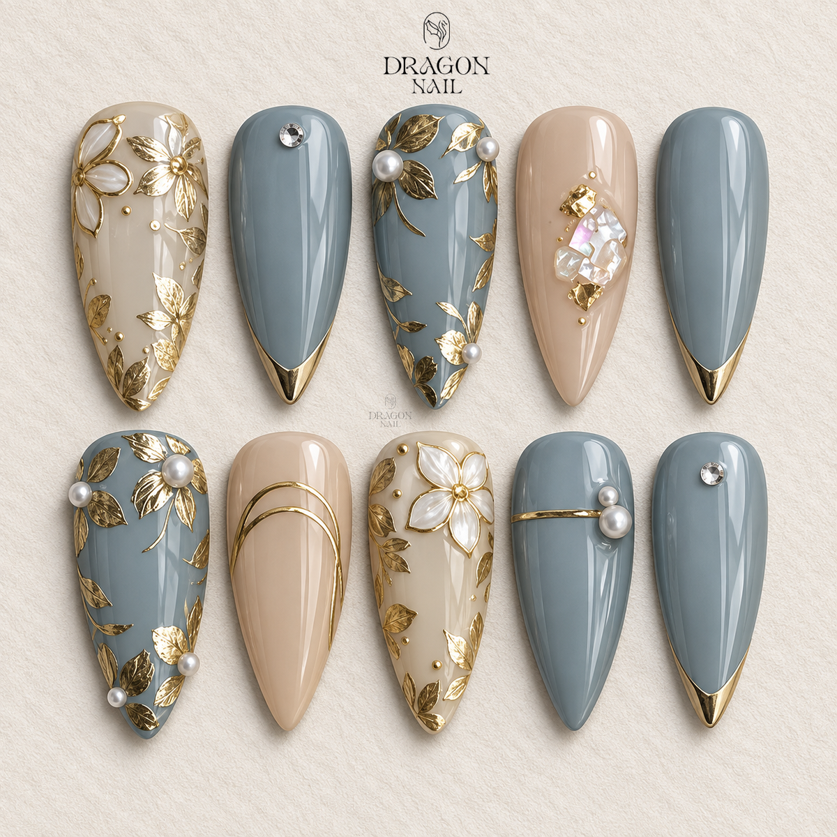 Blue Cat Eye Gold Flower Pearl Elegant Press On Nails