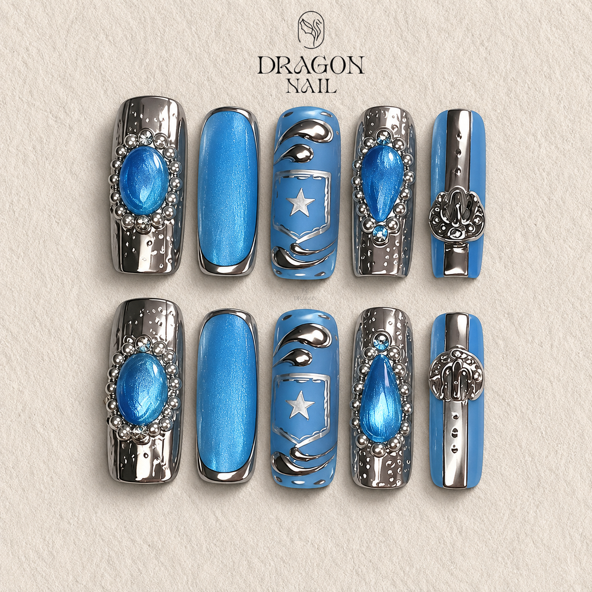Blue Chrome With Silver Studs Press On Nails