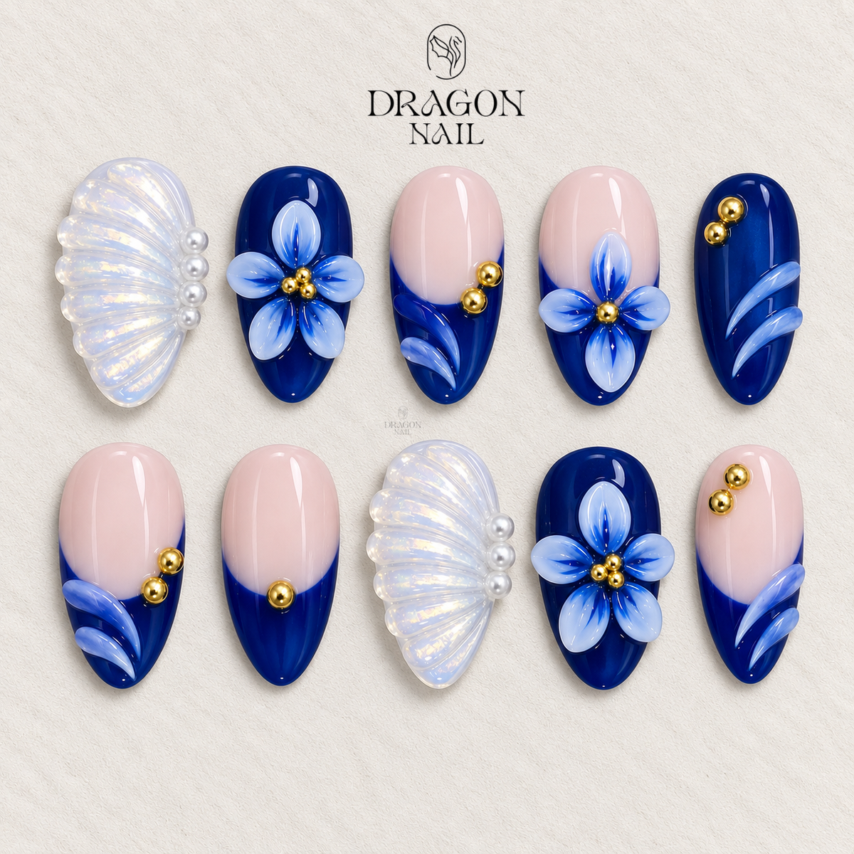 Blue French Tip Floral 3D Elegant Press On Nails
