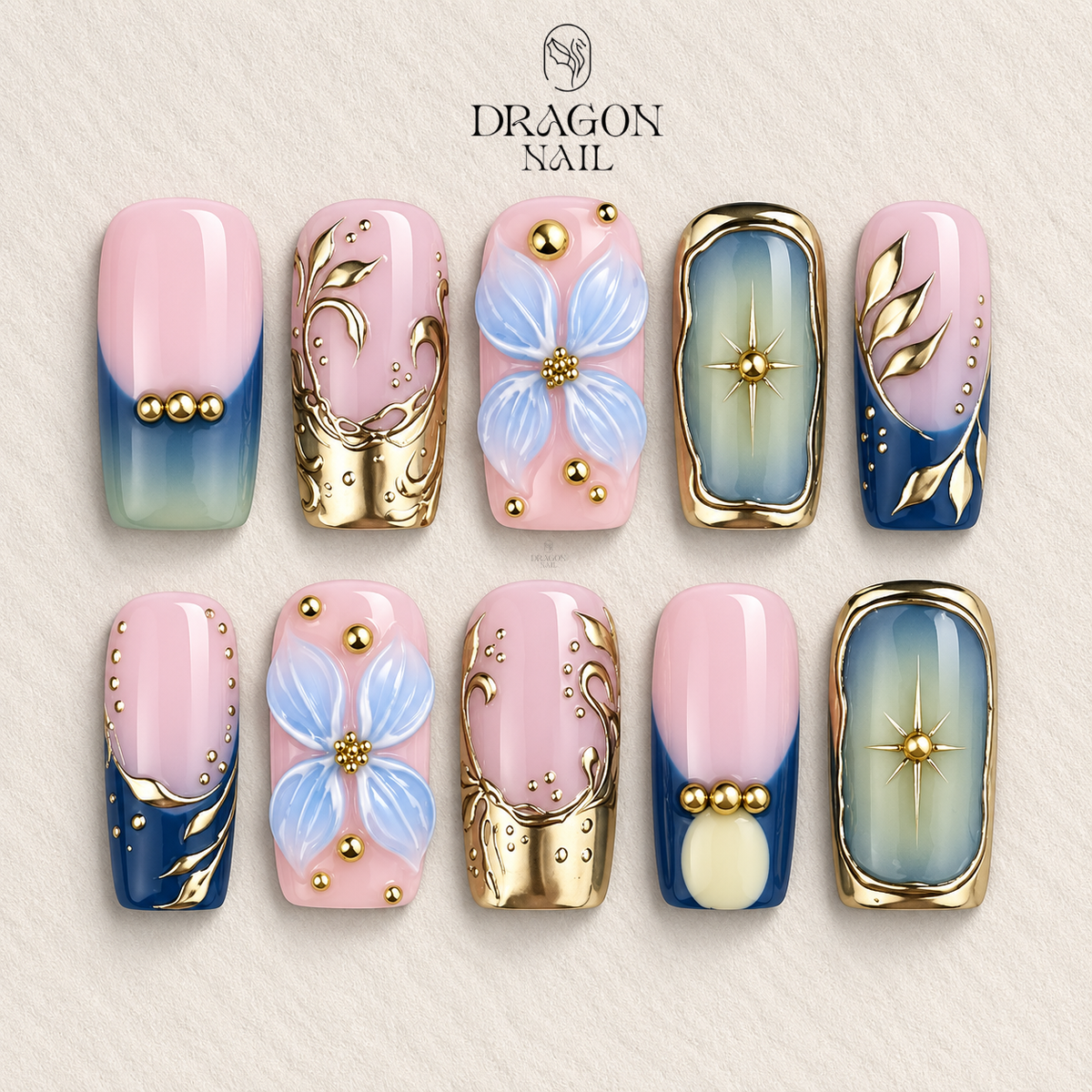 Blue Gold Luxury 3D Floral Elegant Garden Press On Nails