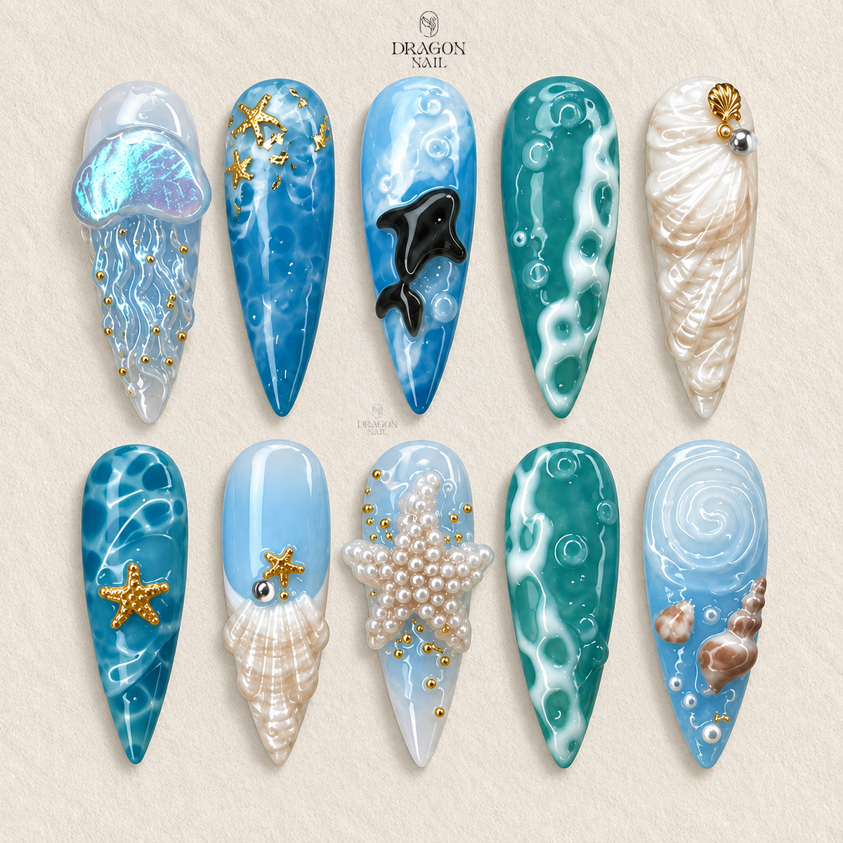 Blue Ocean 3D Sea Creature Press On Nails