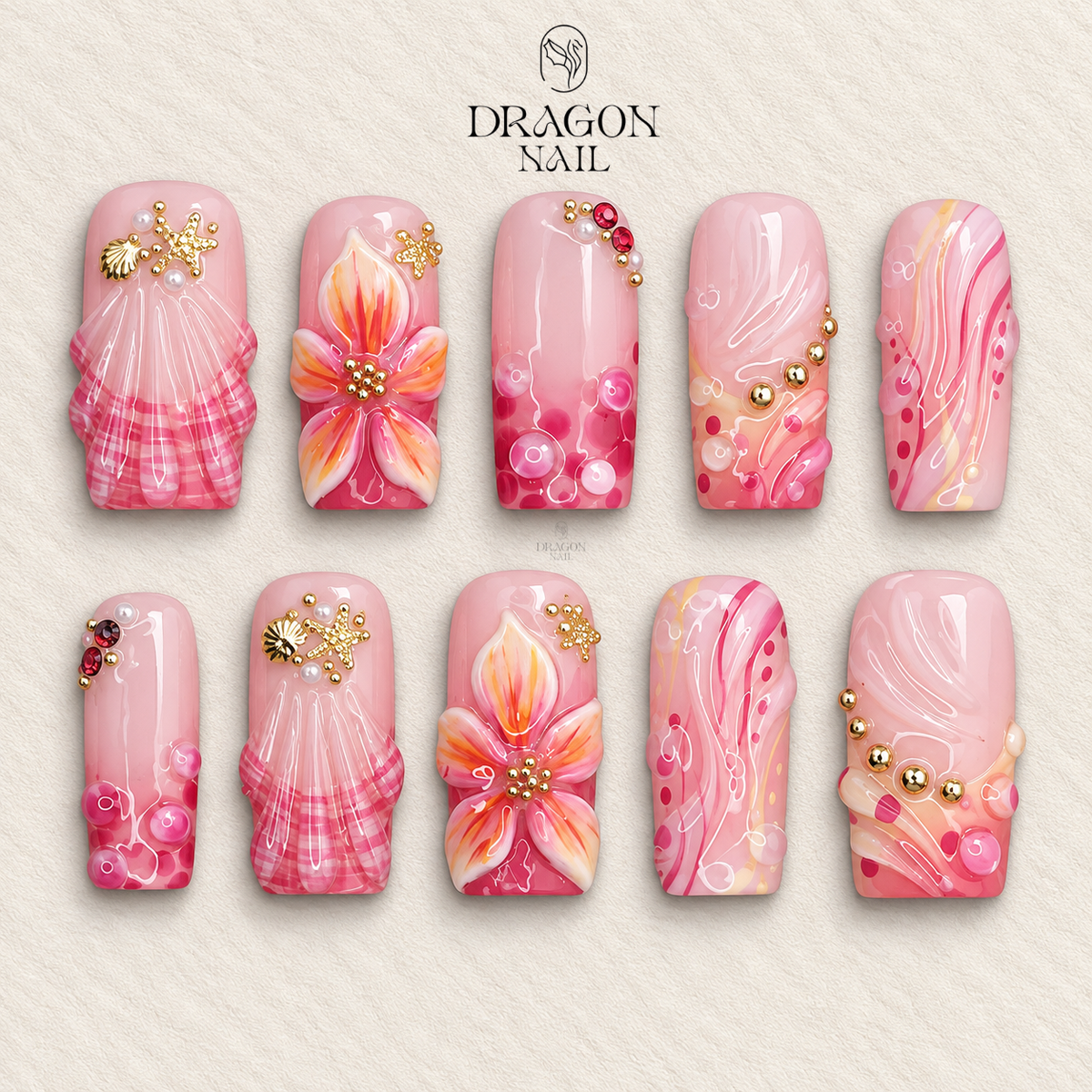 Blush Pink Seashell Floral 3D Spring Press On Nails