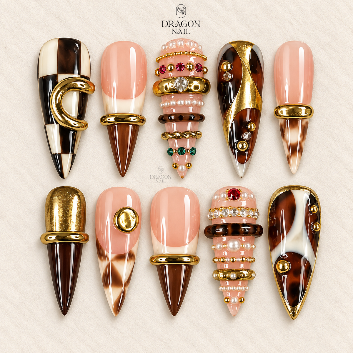 Brown Gold Sculptural Ring Luxury Press On Nails