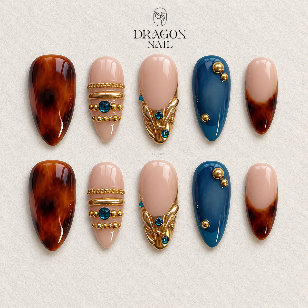 Brown Tortoise Shell Leopard Gold Chrome Long Almond Press On Nails