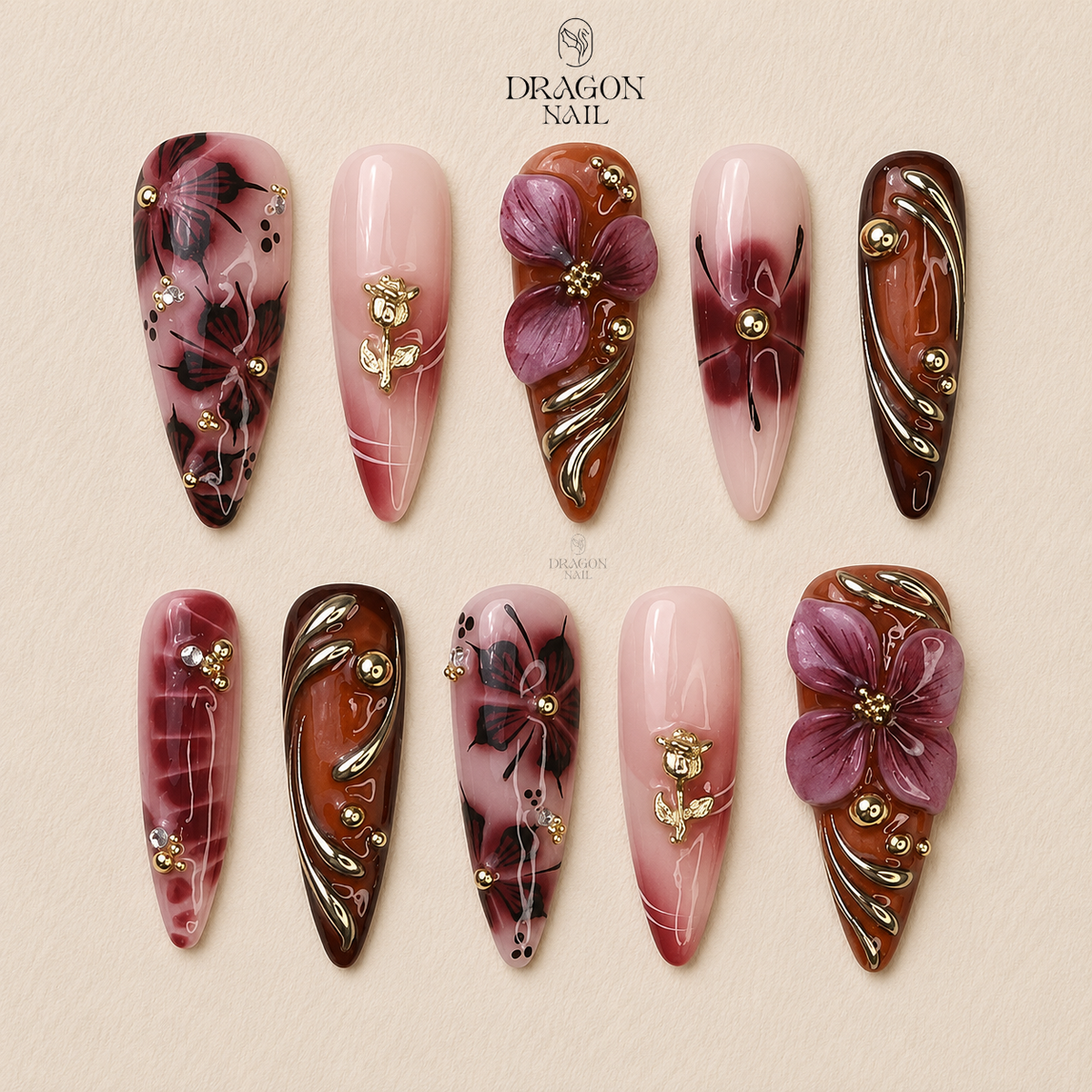 Burgundy Gold Floral 3D Autumn Press On Nails