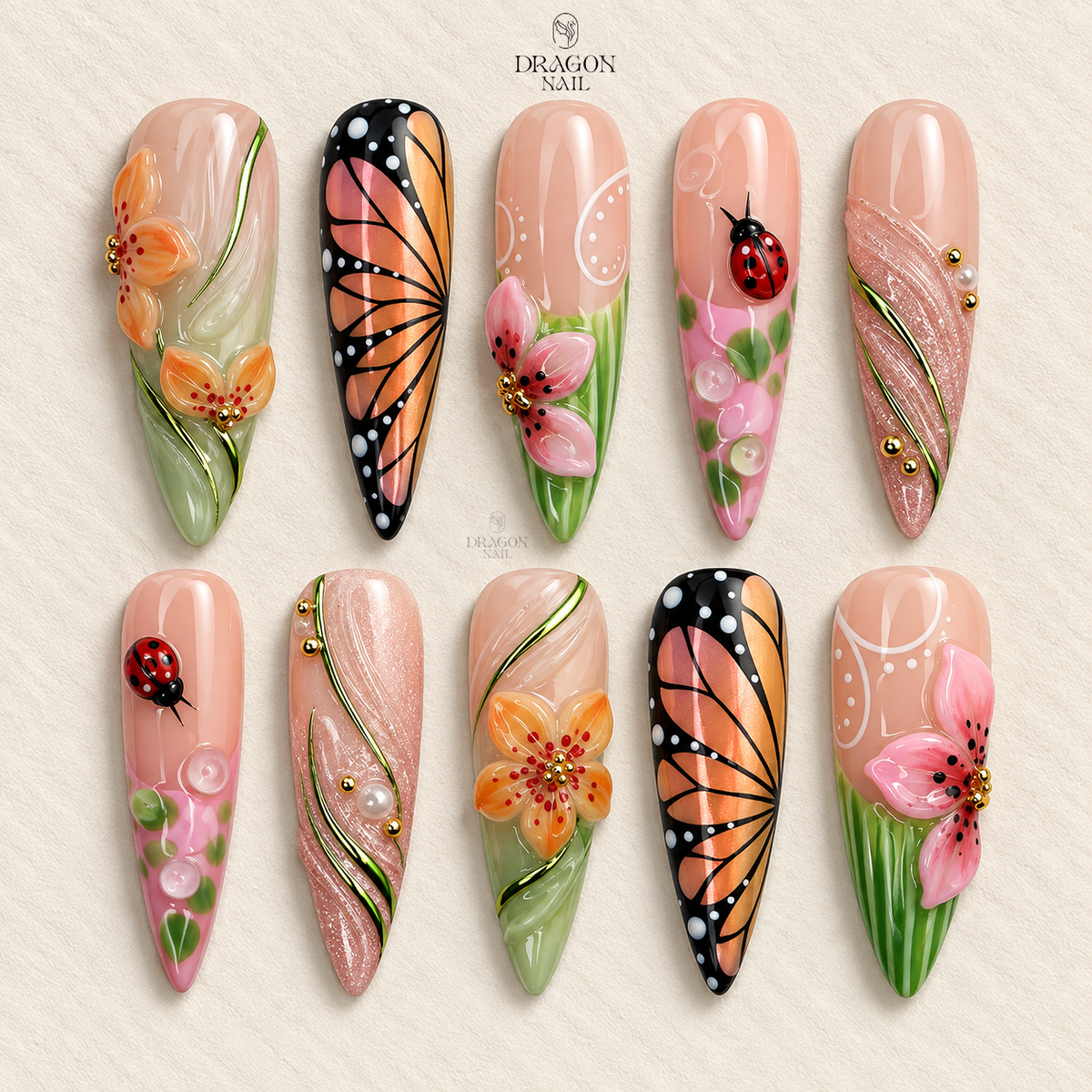 Butterfly Garden 3D Floral Cottagecore Spring Press On Nails