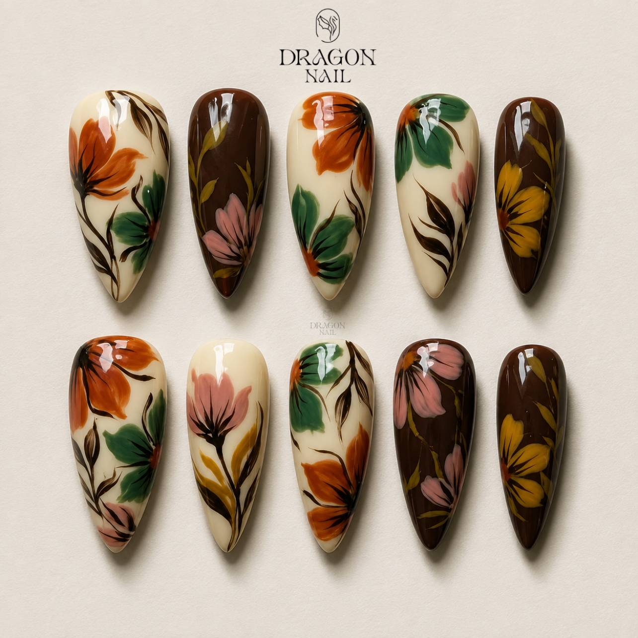 Brown Floral Elegant Soft Natural Press On Nails