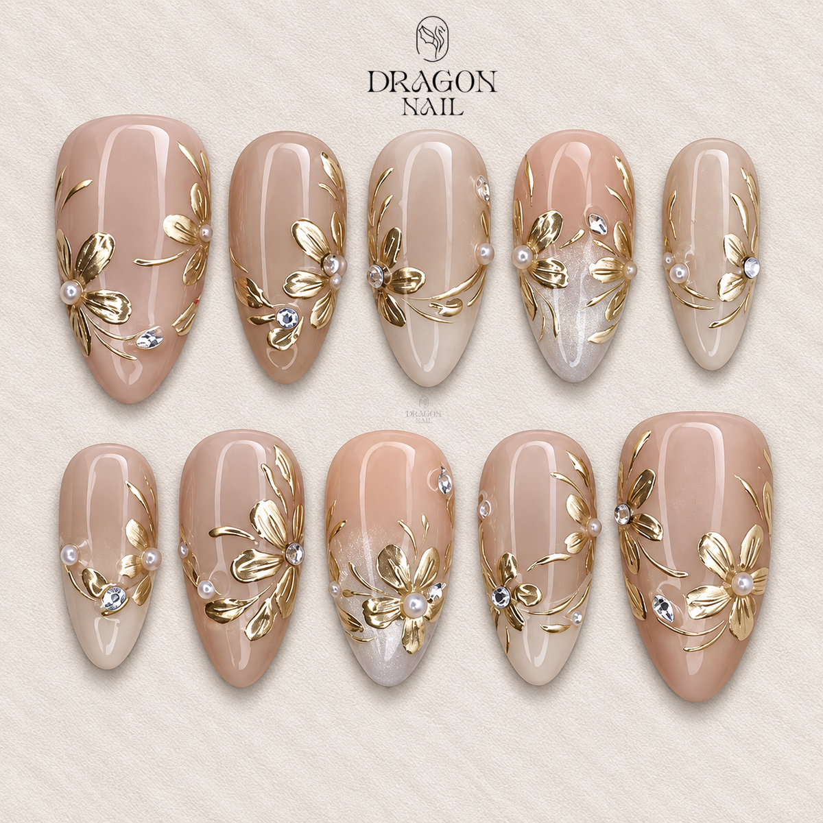 Champagne Gold Floral Press On Nails