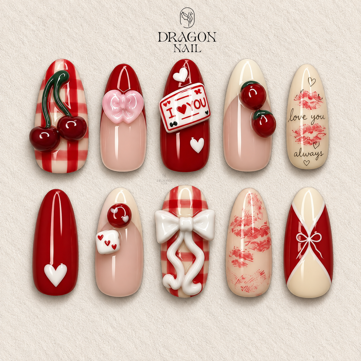 Cherry Love Valentine Nails, Red Bow & Love Letter Press-On Set