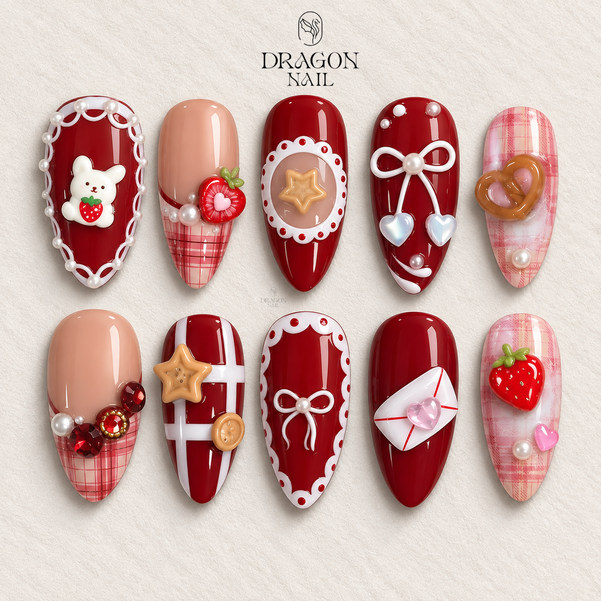 Christmas Strawberry Nails, Red Bakery Coquette Press-On Nail Set With 3D Desserts