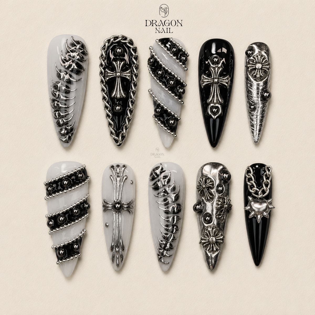 Chrome Cross Gothic Punk Edgy Stiletto Press On Nails