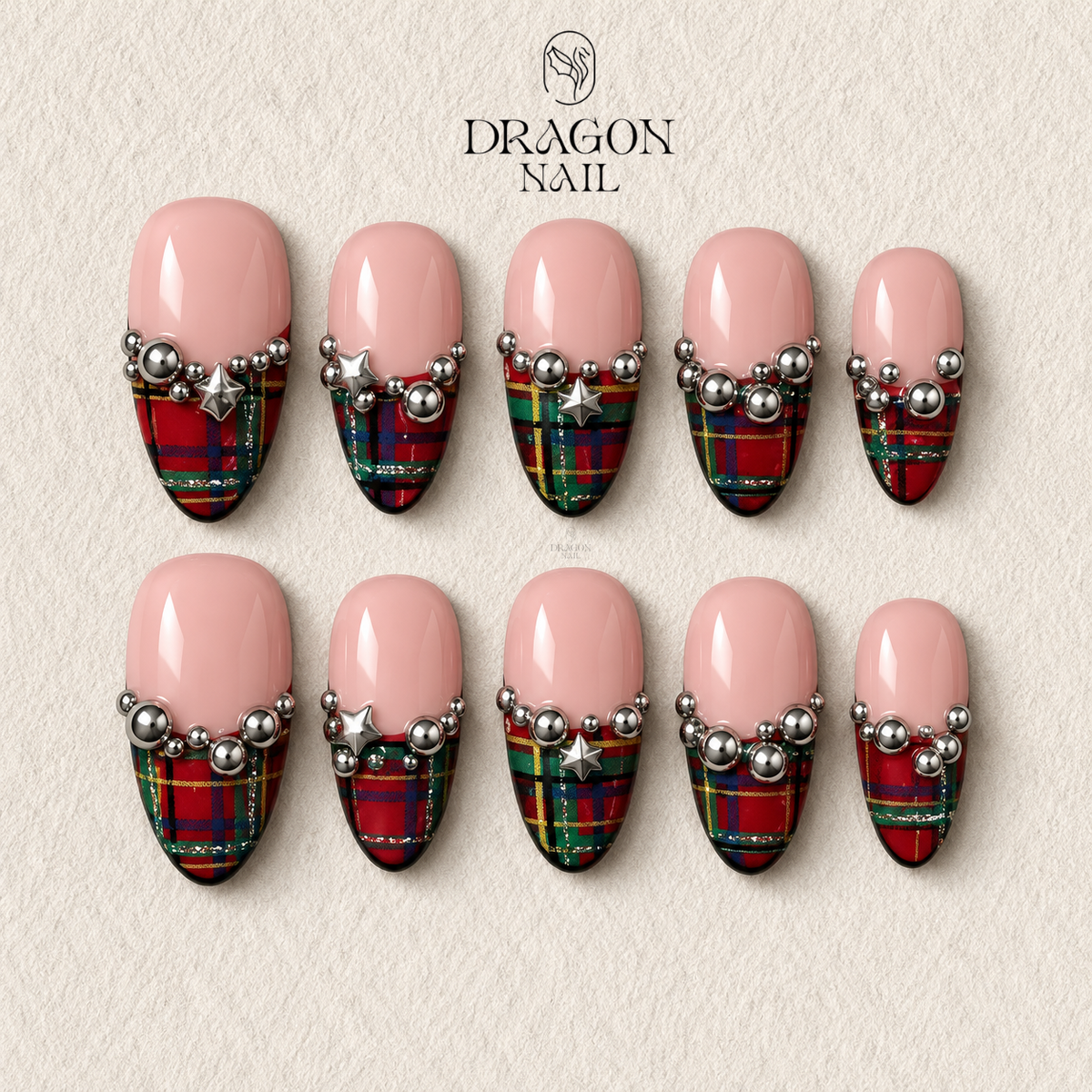Classic Plaid Studded Almond Press On Nails