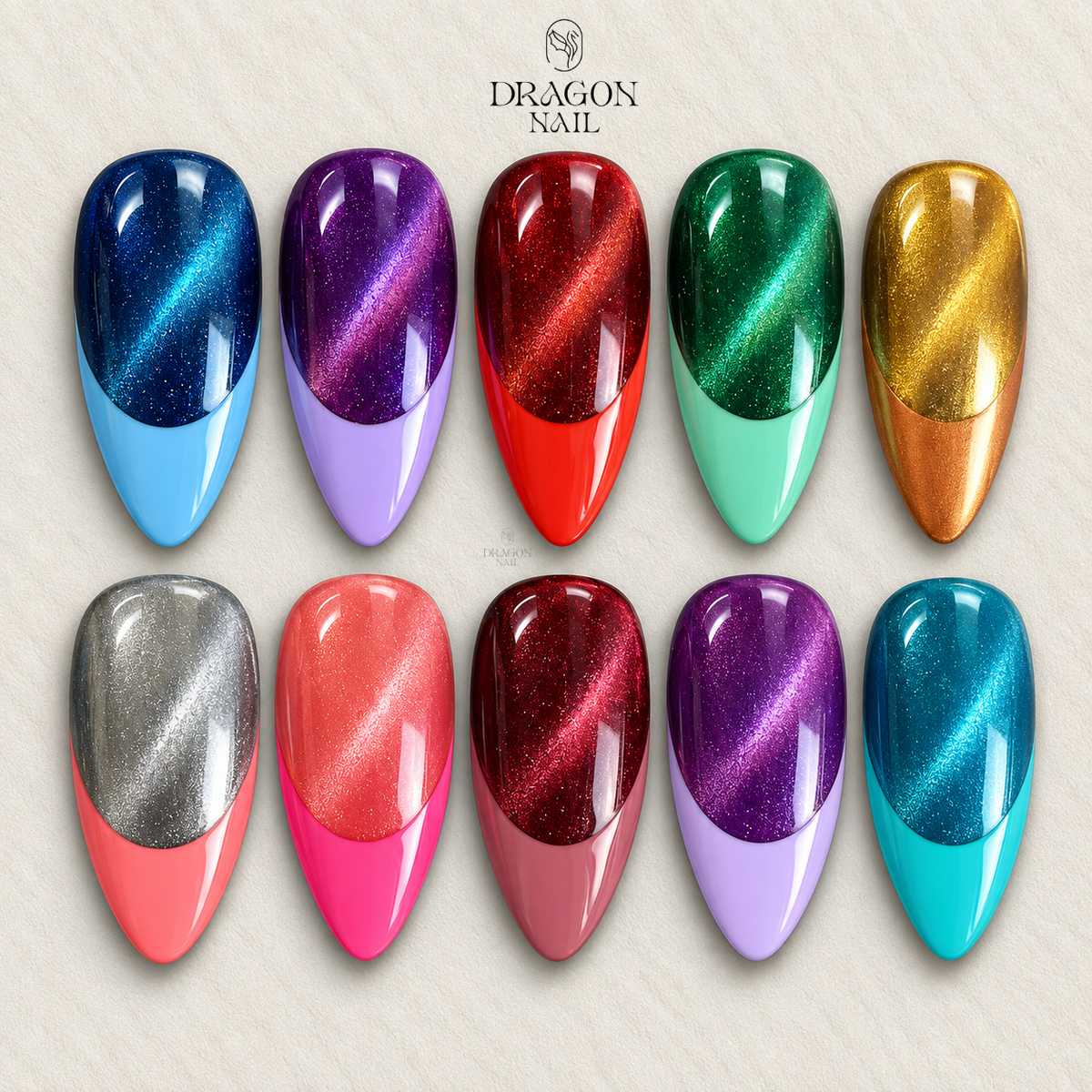 Colorful Cat Eye Magnetic Shimmer Color Block Press On Nails Long Almond Handmade Set