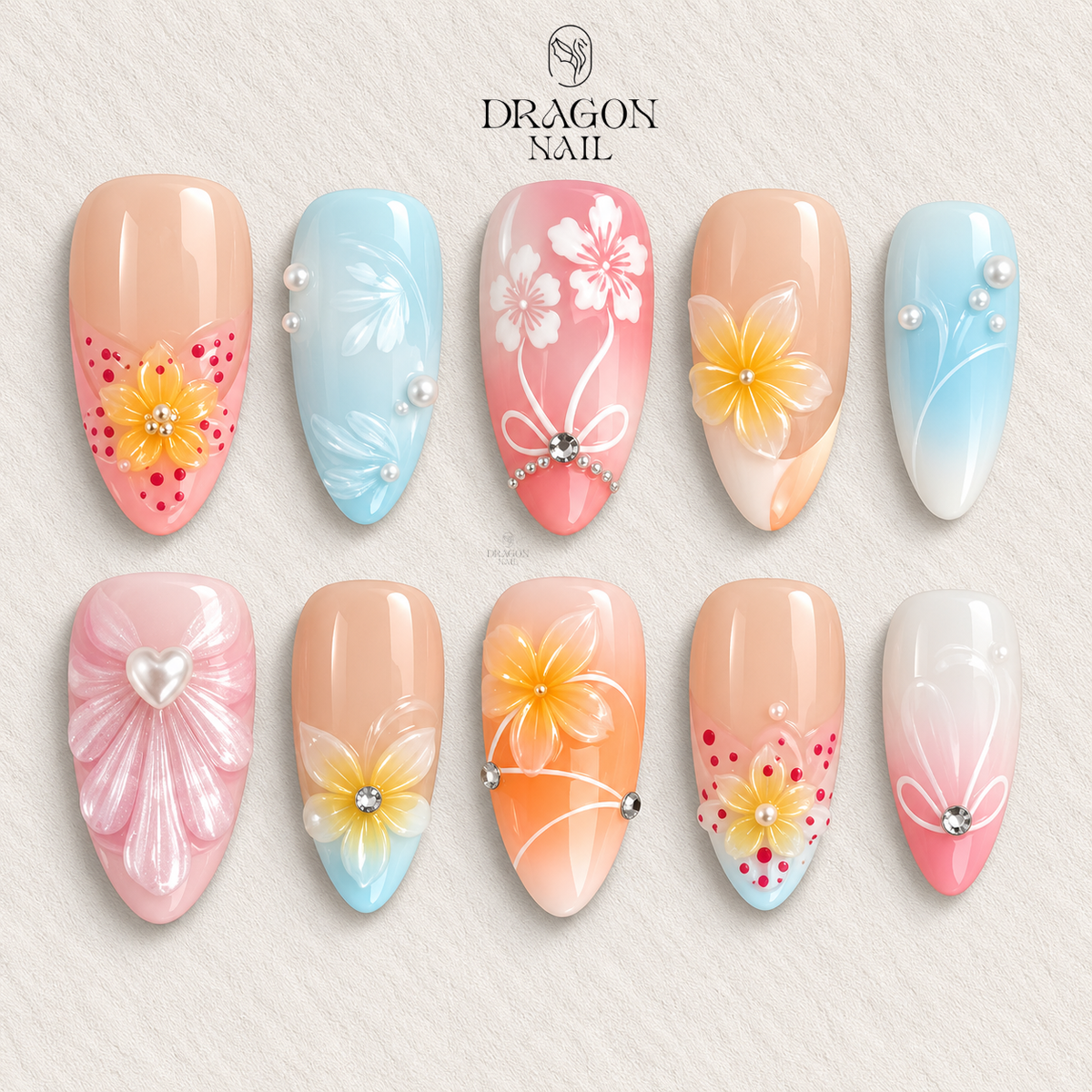 Colorful Aloha Bloom 3D French Tip Press On Nails