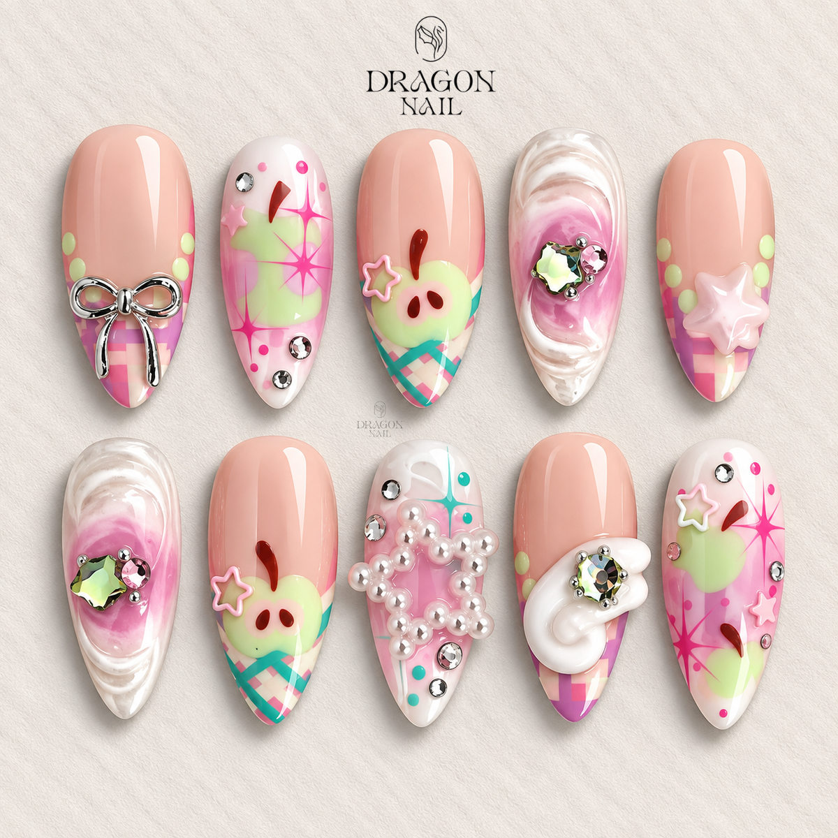 Cute Fruit Charm Bow 3D Gel Press On Nails