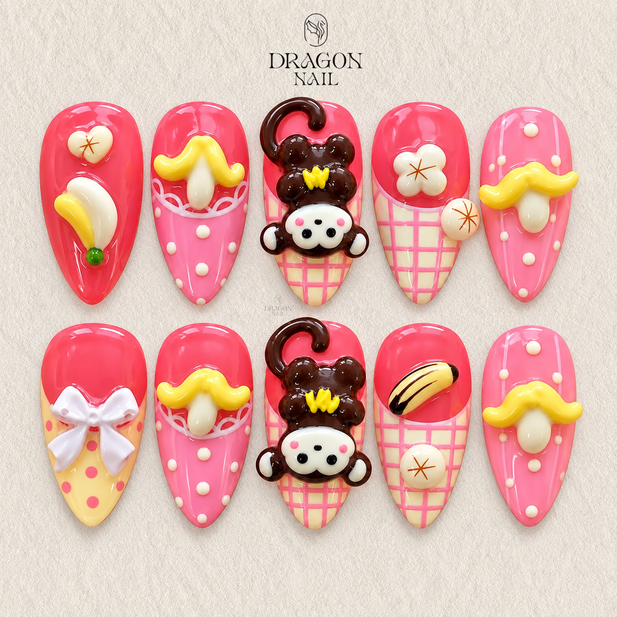 Cute Kawaii Pink 3D Monkey Banana Press On Nails