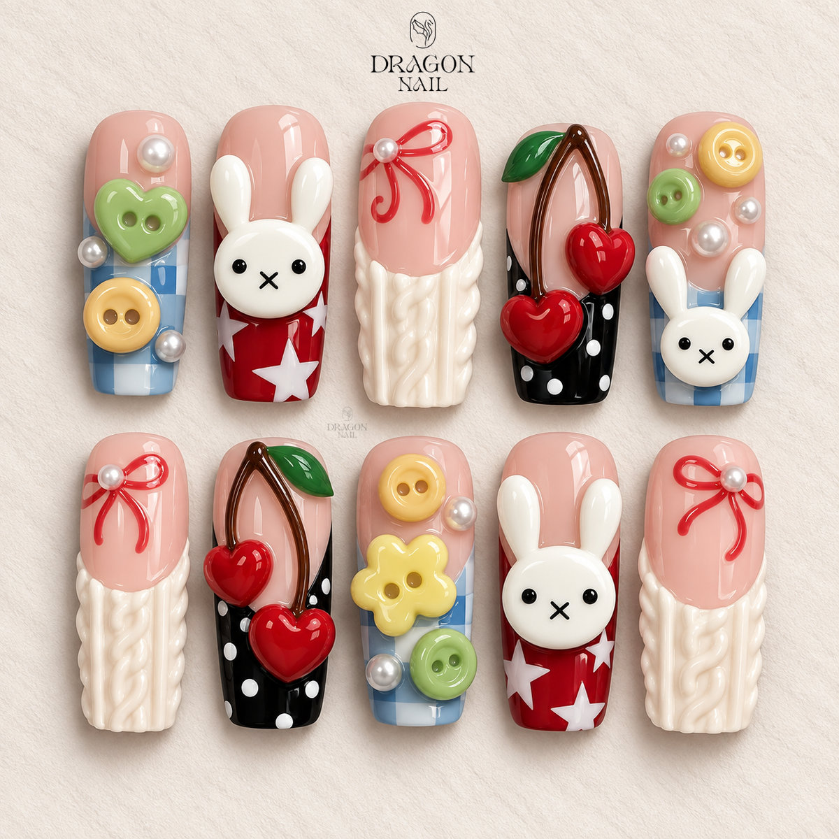 Cute Bunny Cherry Candy Pop Press On Nails