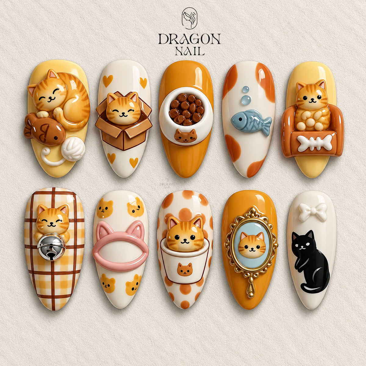 Cute Cat Café Nails, Bakery Kawaii Reusable Press-On Set With 3D Charms