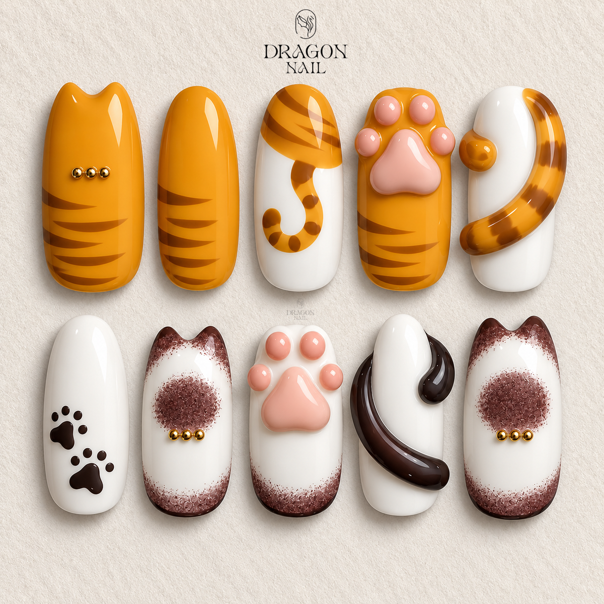 Cute Cat Paw Nails, Orange Tabby Reusable Press-On Set