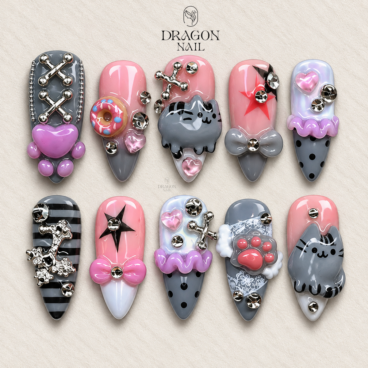 Cute Gothic Kitty Nails, Pastel Gray Pink Reusable