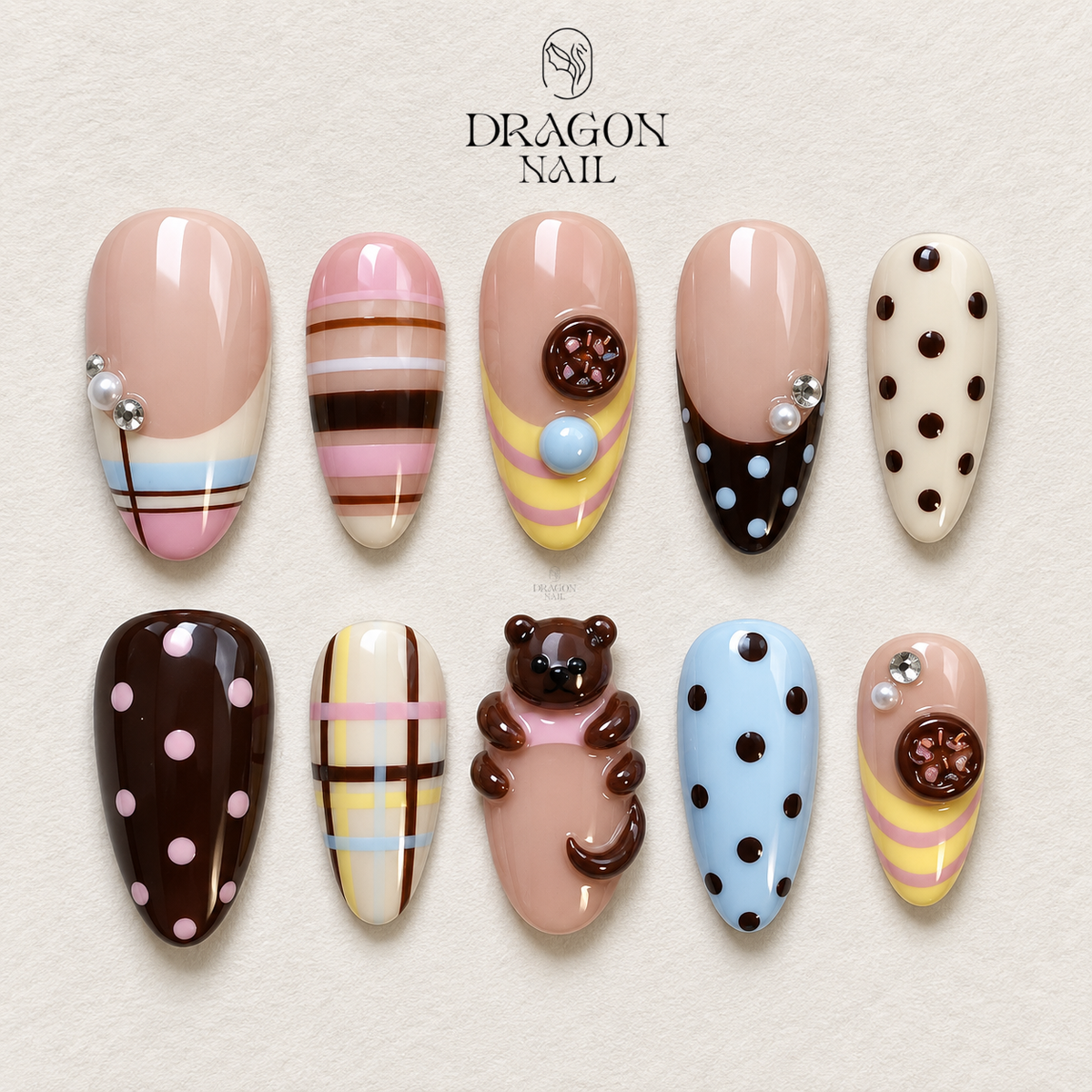 Cute Monkey Pink Plaid Polka Dot Press On Nails
