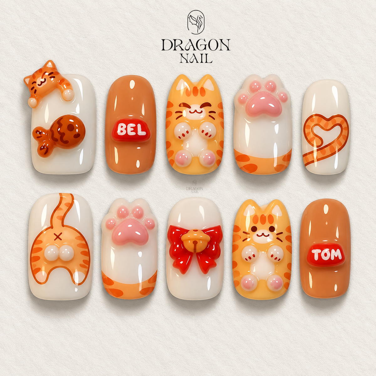 Cute Orange Tabby Cat Nails Pastel Kawaii