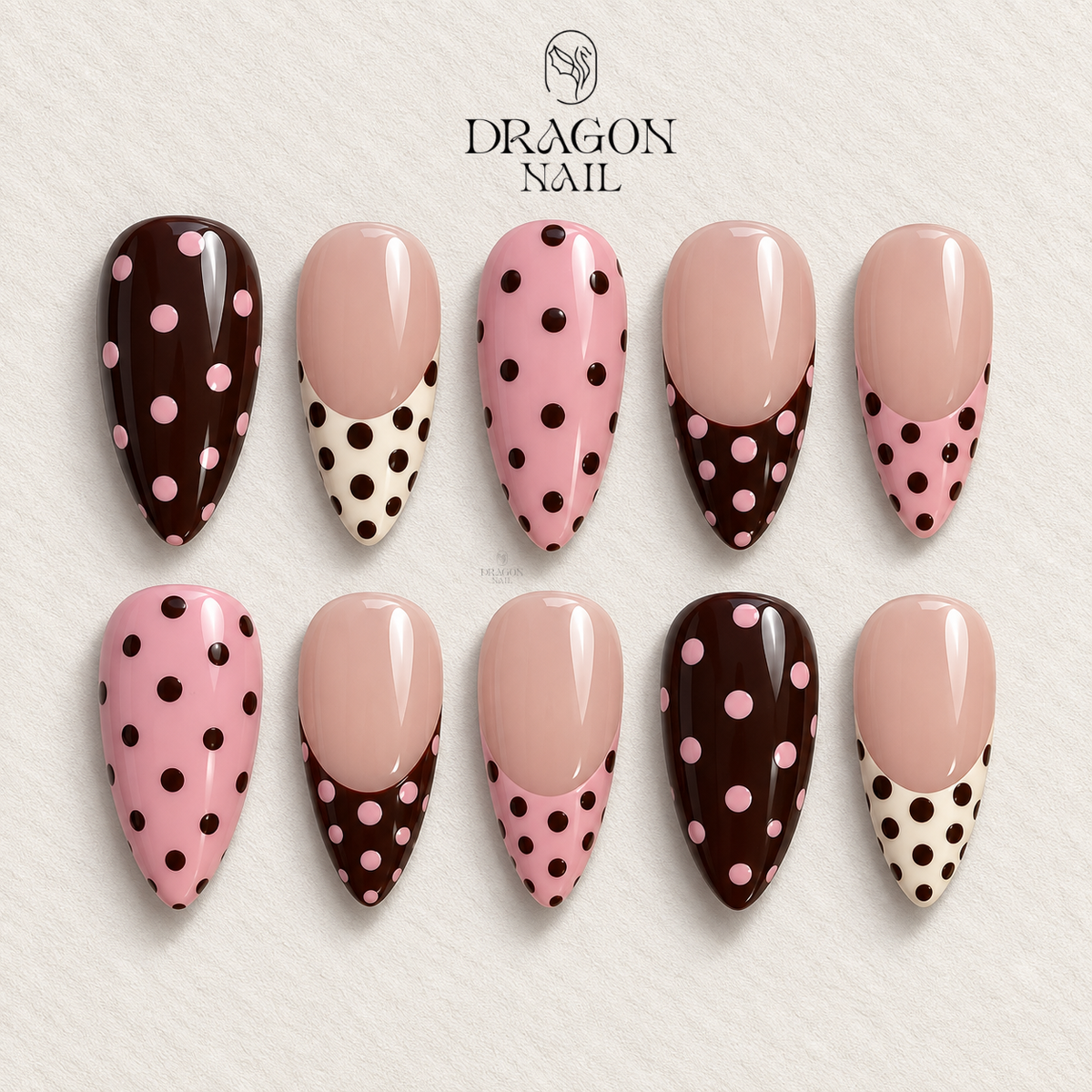 Cute Pink Brown Polka Dot Kawaii French Press On Nails