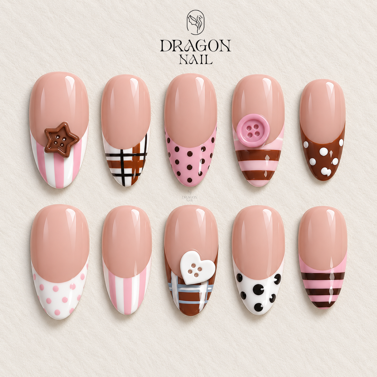 Cute Pink Polka Dot Button Kawaii Press On Nails