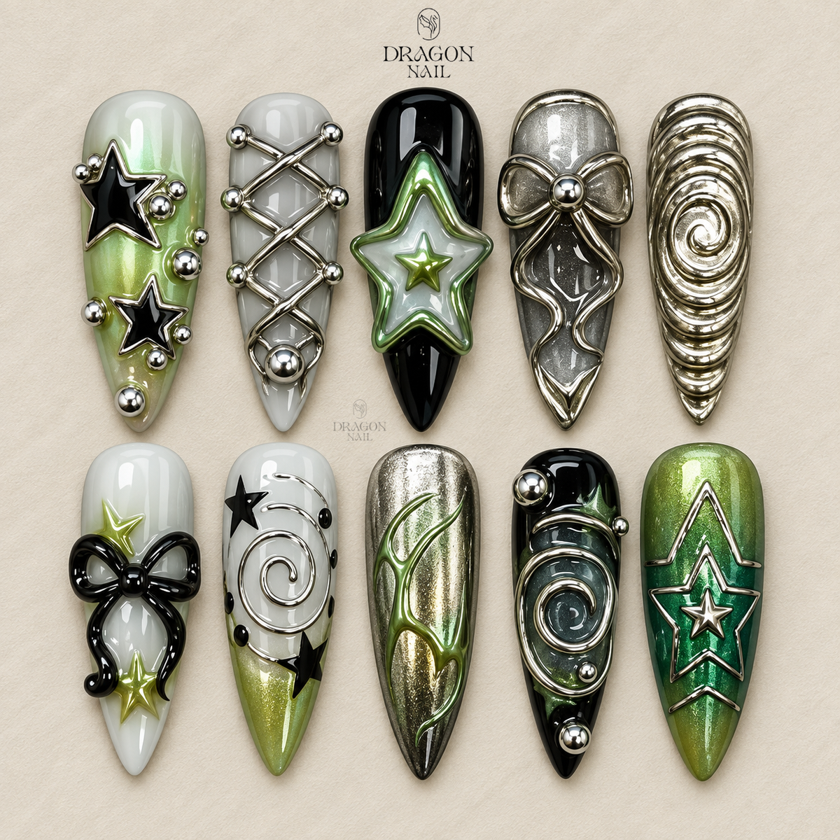 Cyberpunk Green Chrome Futuristic Tech Edgy Press On Nails
